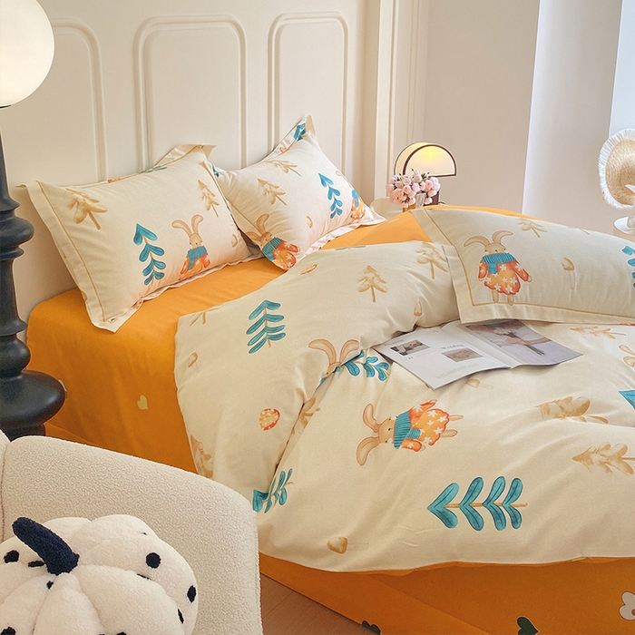 91家纺网 家纺一手货源 找家纺 梧桐树 2025新款轻奢新疆棉加厚磨毛四件套 森林小兔