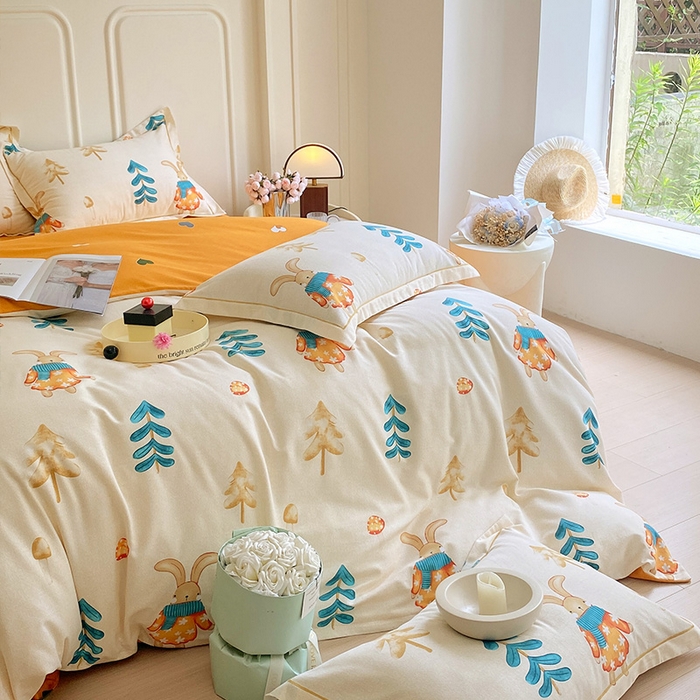 91家纺网 家纺一手货源 找家纺 梧桐树 2025新款轻奢新疆棉加厚磨毛四件套 森林小兔