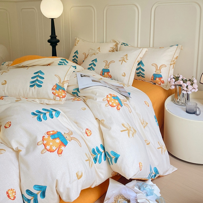 91家纺网 家纺一手货源 找家纺 梧桐树 2025新款轻奢新疆棉加厚磨毛四件套 森林小兔