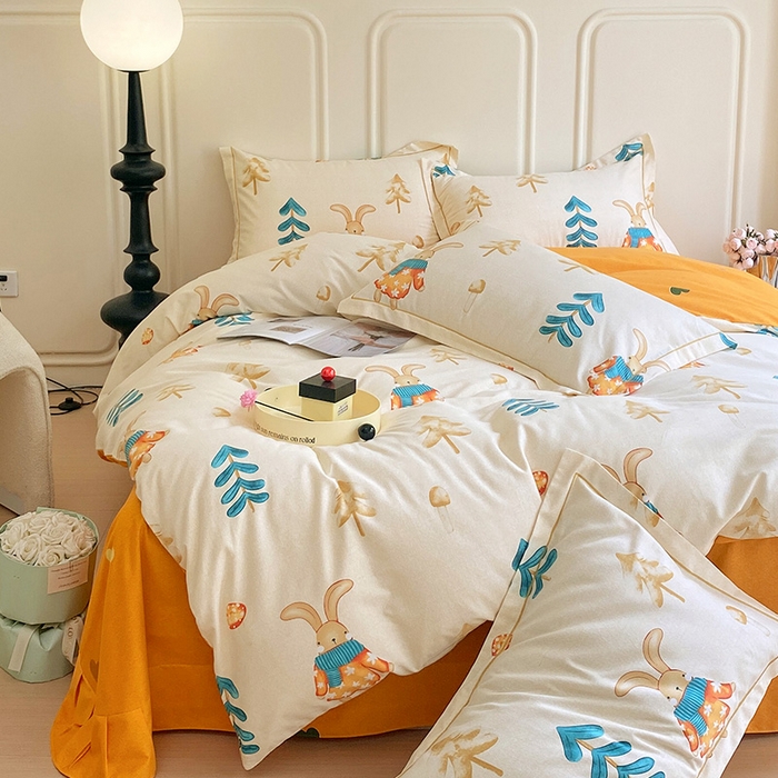 91家纺网 家纺一手货源 找家纺 梧桐树 2025新款轻奢新疆棉加厚磨毛四件套 森林小兔