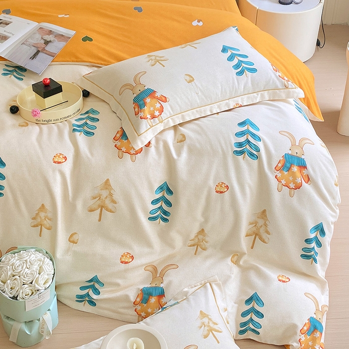 91家纺网 家纺一手货源 找家纺 梧桐树 2025新款轻奢新疆棉加厚磨毛四件套 森林小兔