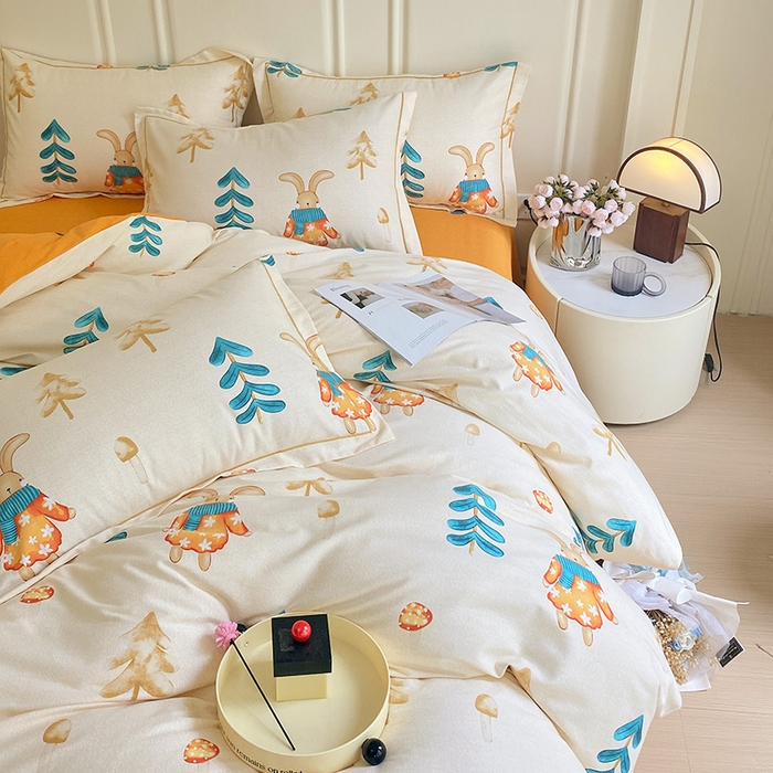 91家纺网 家纺一手货源 找家纺 梧桐树 2025新款轻奢新疆棉加厚磨毛四件套 森林小兔