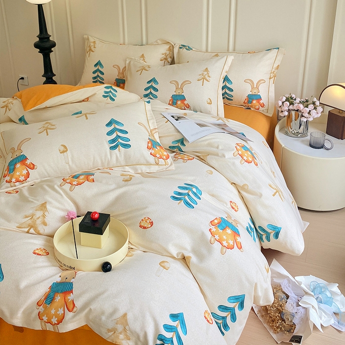 91家纺网 家纺一手货源 找家纺 梧桐树 2025新款轻奢新疆棉加厚磨毛四件套 森林小兔