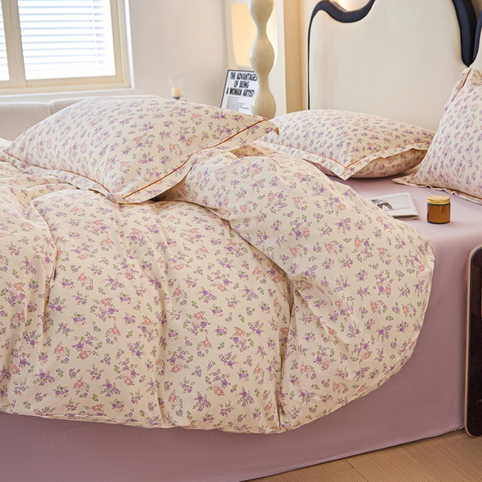 91家纺网 家纺一手货源 找家纺 首爱家纺 2025新款小清新全棉纯棉人字纹工艺款四件套 万朵花