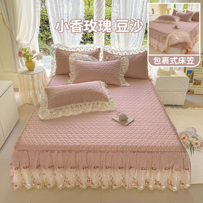 91家纺网 家纺一手货源 找家纺 罗艺轩 2025新款全棉蕾丝刺绣单床裙-小香玫瑰 小香玫瑰-豆沙