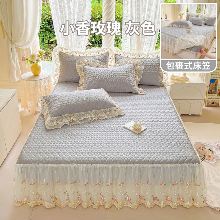 91家纺网 家纺一手货源 找家纺 罗艺轩 2025新款全棉蕾丝刺绣单床裙-小香玫瑰 小香玫瑰-灰色