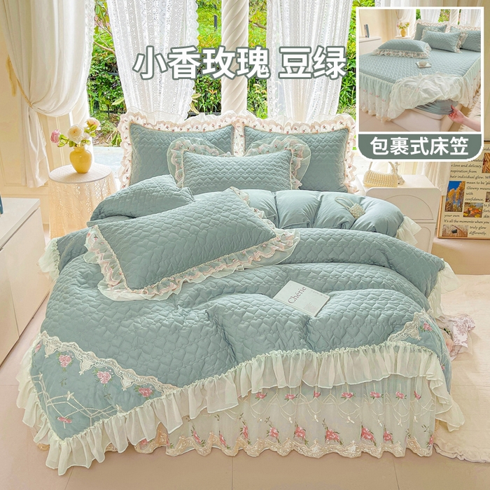 91家纺网 家纺一手货源 找家纺 罗艺轩 2025新款全棉蕾丝刺绣床裙四件套-小香玫瑰 小香玫瑰-豆绿