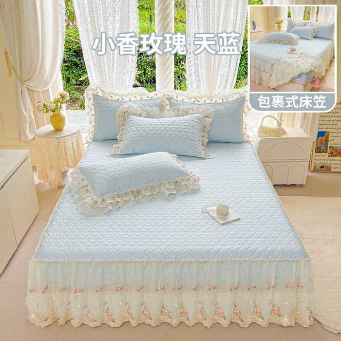 91家纺网 家纺一手货源 找家纺 罗艺轩 2025新款全棉蕾丝刺绣单床裙-小香玫瑰 小香玫瑰-天蓝