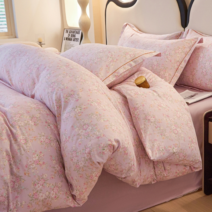 首爱家纺 2025新款小清新全棉纯棉人字纹工艺款四件套 樱花粉