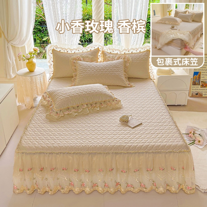 91家纺网 家纺一手货源 找家纺 罗艺轩 2025新款全棉蕾丝刺绣单床裙-小香玫瑰 小香玫瑰-香槟