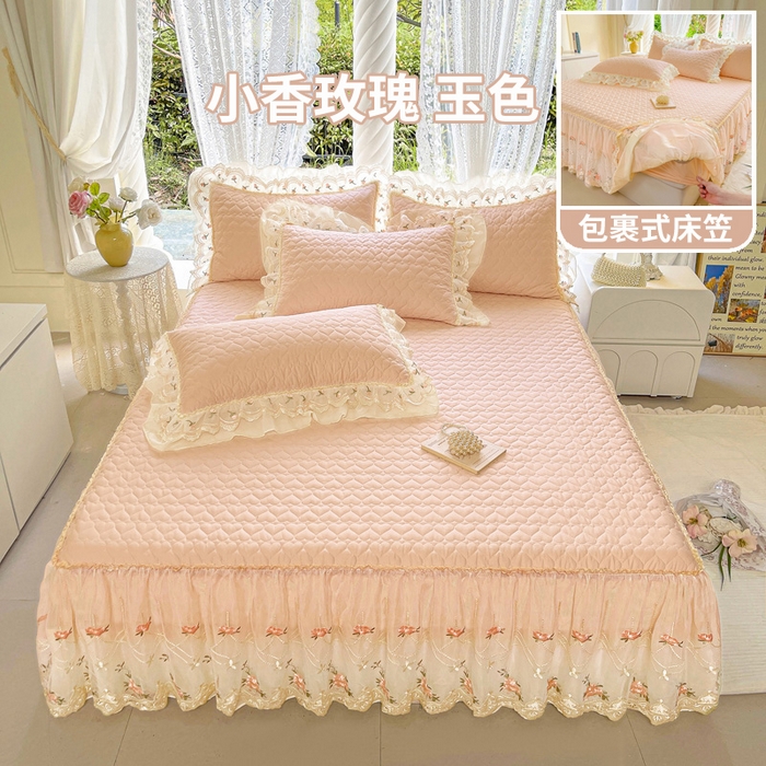 91家纺网 家纺一手货源 找家纺 罗艺轩 2025新款全棉蕾丝刺绣单床裙-小香玫瑰 小香玫瑰-玉色