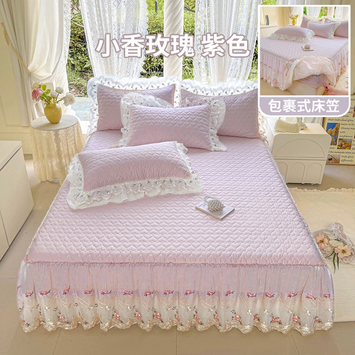 91家纺网 家纺一手货源 找家纺 罗艺轩 2025新款全棉蕾丝刺绣单床裙-小香玫瑰 小香玫瑰-紫色