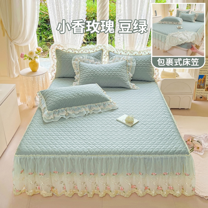 罗艺轩 2025新款全棉蕾丝刺绣单床裙-小香玫瑰 小香玫瑰-豆绿