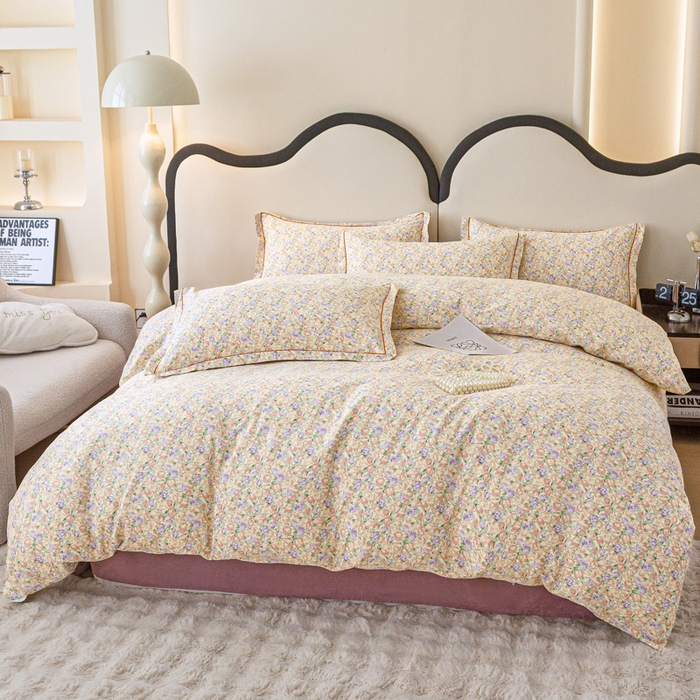 91家纺网 家纺一手货源 找家纺 首爱家纺 2025新款小清新全棉纯棉人字纹工艺款四件套 郁金香