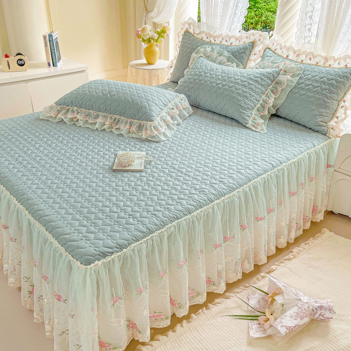 91家纺网 家纺一手货源 找家纺 罗艺轩 2025新款全棉蕾丝刺绣单床裙-小香玫瑰 小香玫瑰-豆绿