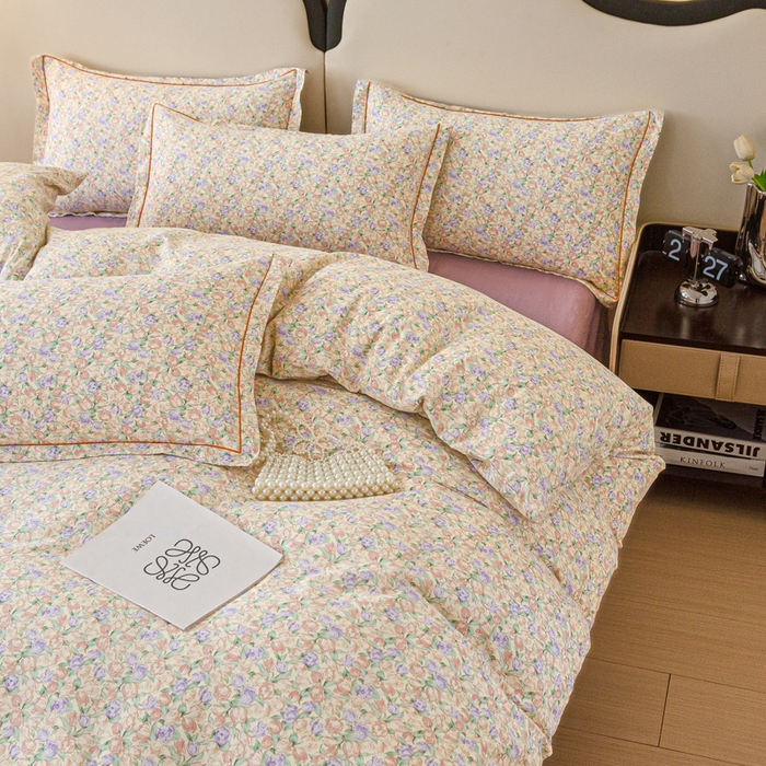 91家纺网 家纺一手货源 找家纺 首爱家纺 2025新款小清新全棉纯棉人字纹工艺款四件套 郁金香