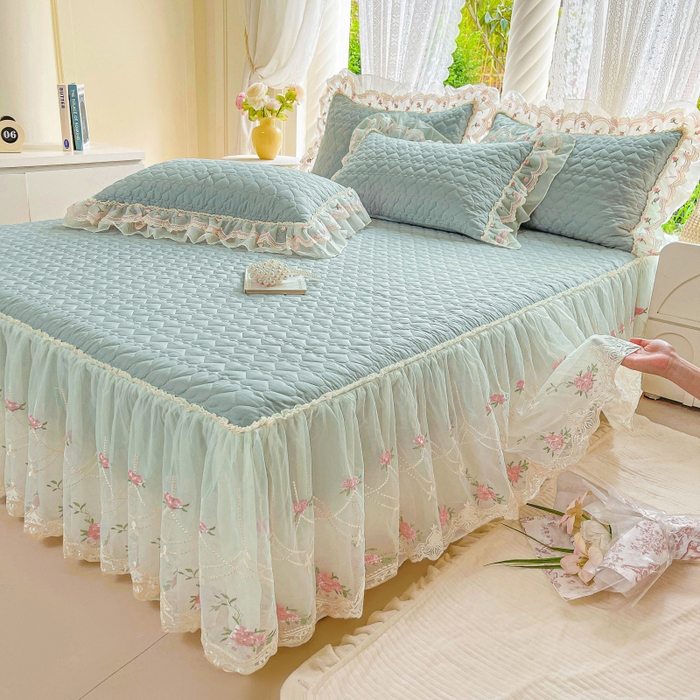 91家纺网 家纺一手货源 找家纺 罗艺轩 2025新款全棉蕾丝刺绣单床裙-小香玫瑰 小香玫瑰-豆绿