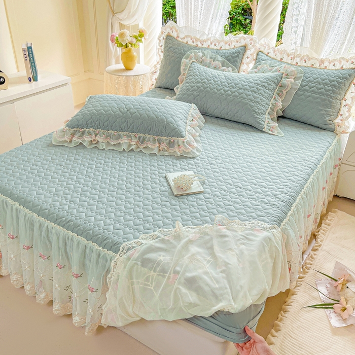 91家纺网 家纺一手货源 找家纺 罗艺轩 2025新款全棉蕾丝刺绣单床裙-小香玫瑰 小香玫瑰-豆绿