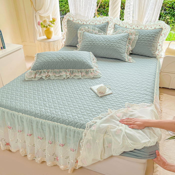 91家纺网 家纺一手货源 找家纺 罗艺轩 2025新款全棉蕾丝刺绣单床裙-小香玫瑰 小香玫瑰-豆绿