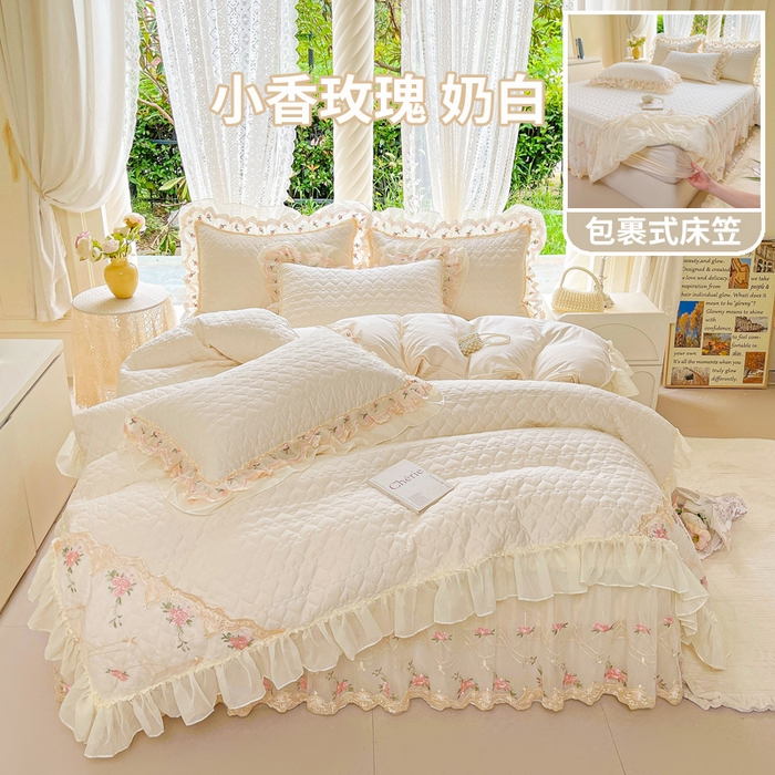 罗艺轩 2025新款全棉蕾丝刺绣床裙四件套-小香玫瑰 小香玫瑰-奶白