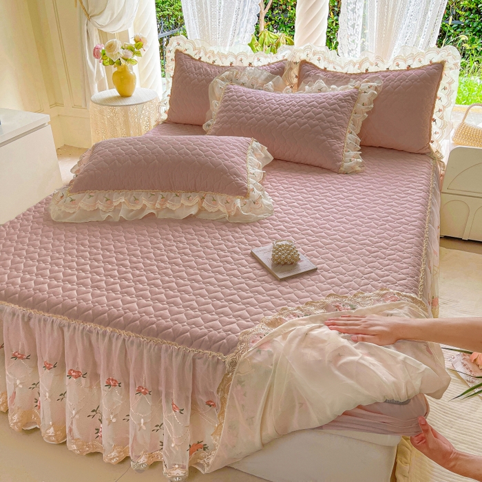 91家纺网 家纺一手货源 找家纺 罗艺轩 2025新款全棉蕾丝刺绣单床裙-小香玫瑰 小香玫瑰-豆沙