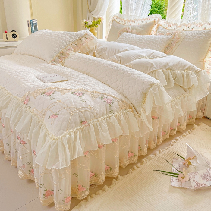 91家纺网 家纺一手货源 找家纺 罗艺轩 2025新款全棉蕾丝刺绣床裙四件套-小香玫瑰 小香玫瑰-奶白