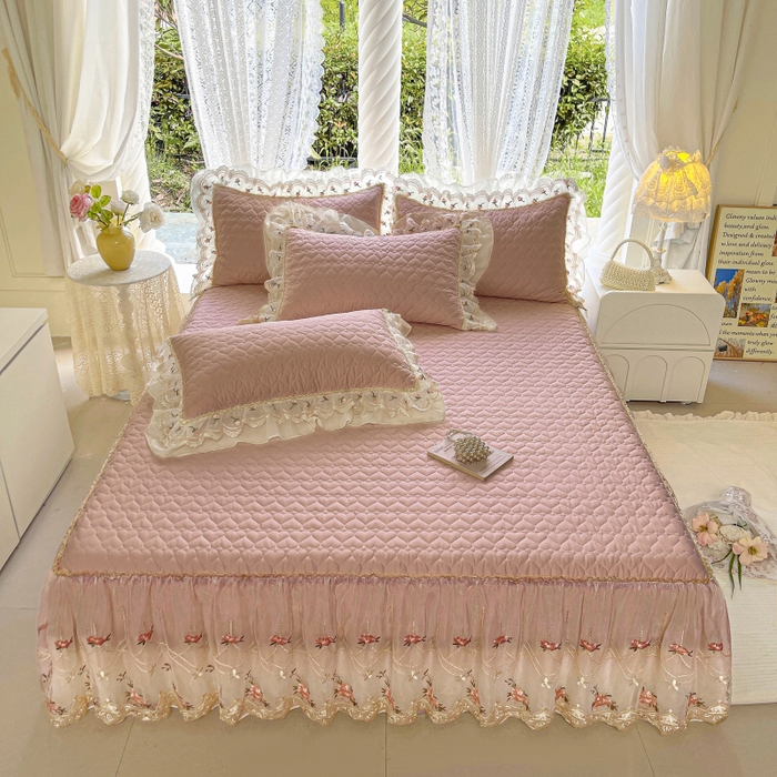 91家纺网 家纺一手货源 找家纺 罗艺轩 2025新款全棉蕾丝刺绣单床裙-小香玫瑰 小香玫瑰-豆沙