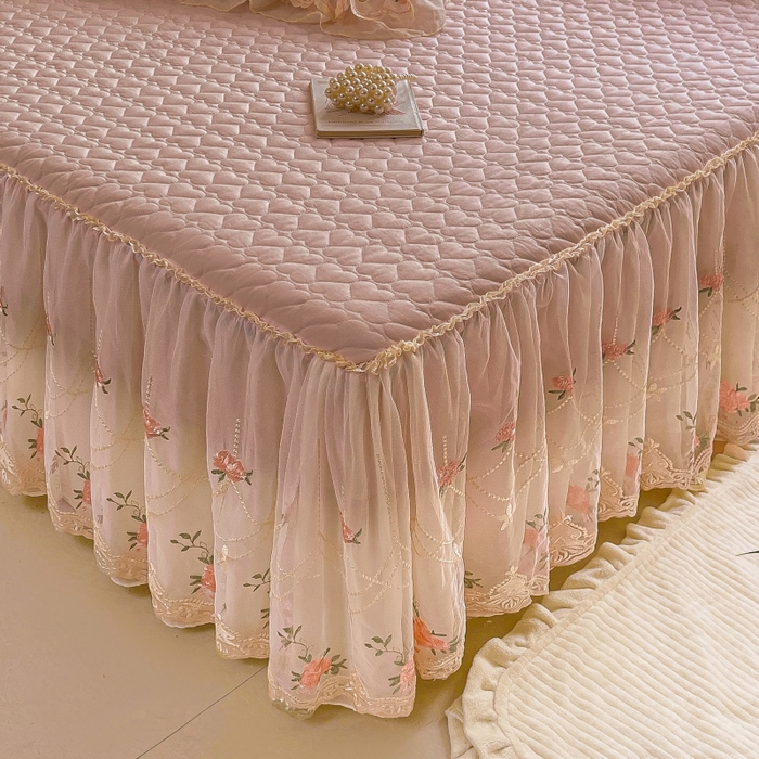 91家纺网 家纺一手货源 找家纺 罗艺轩 2025新款全棉蕾丝刺绣单床裙-小香玫瑰 小香玫瑰-豆沙