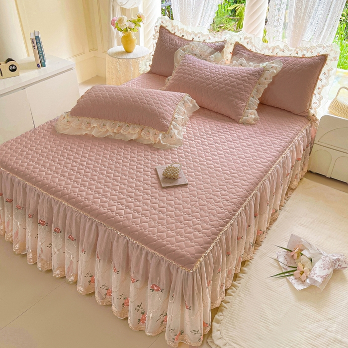 91家纺网 家纺一手货源 找家纺 罗艺轩 2025新款全棉蕾丝刺绣单床裙-小香玫瑰 小香玫瑰-豆沙