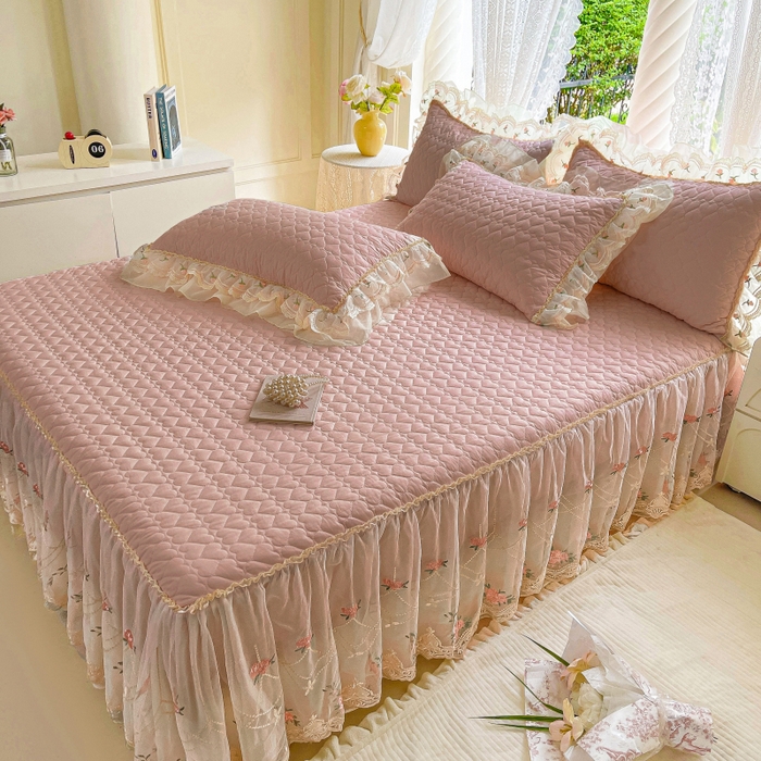 91家纺网 家纺一手货源 找家纺 罗艺轩 2025新款全棉蕾丝刺绣单床裙-小香玫瑰 小香玫瑰-豆沙