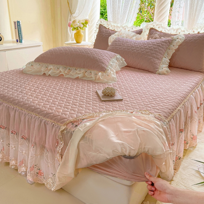 91家纺网 家纺一手货源 找家纺 罗艺轩 2025新款全棉蕾丝刺绣单床裙-小香玫瑰 小香玫瑰-豆沙