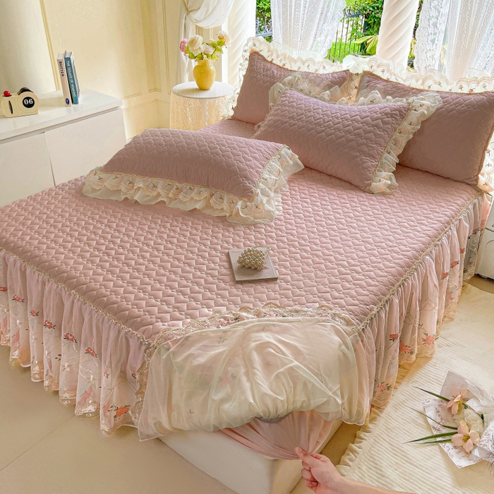 91家纺网 家纺一手货源 找家纺 罗艺轩 2025新款全棉蕾丝刺绣单床裙-小香玫瑰 小香玫瑰-豆沙