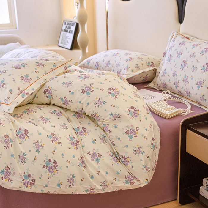 91家纺网 家纺一手货源 找家纺 首爱家纺 2025新款小清新全棉纯棉人字纹工艺款四件套 紫风铃