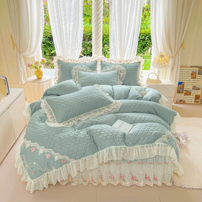 91家纺网 家纺一手货源 找家纺 罗艺轩 2025新款全棉蕾丝刺绣床裙四件套-小香玫瑰 小香玫瑰-豆绿