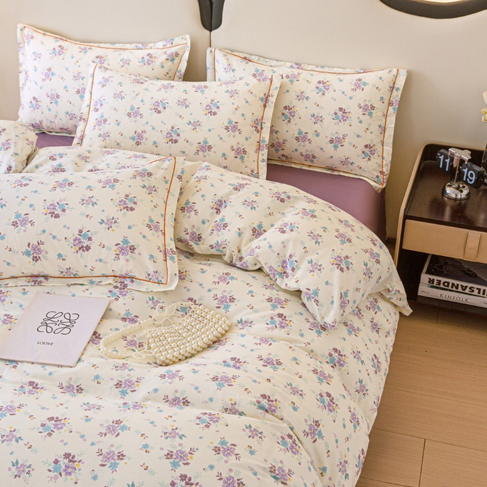 91家纺网 家纺一手货源 找家纺 首爱家纺 2025新款小清新全棉纯棉人字纹工艺款四件套 紫风铃