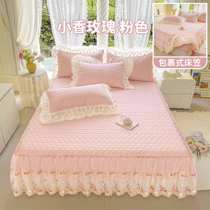 罗艺轩 2025新款全棉蕾丝刺绣单床裙-小香玫瑰 小香玫瑰-粉色