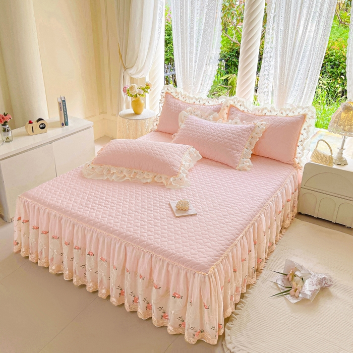 91家纺网 家纺一手货源 找家纺 罗艺轩 2025新款全棉蕾丝刺绣单床裙-小香玫瑰 小香玫瑰-粉色