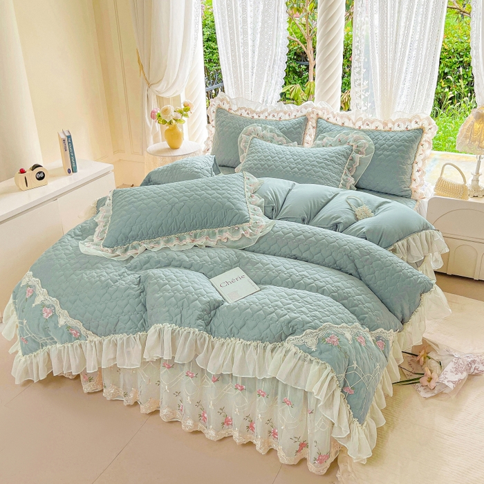 91家纺网 家纺一手货源 找家纺 罗艺轩 2025新款全棉蕾丝刺绣床裙四件套-小香玫瑰 小香玫瑰-豆绿