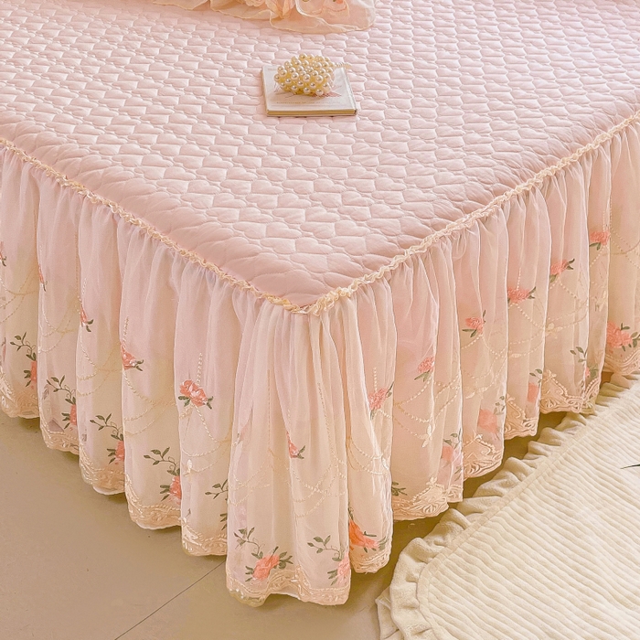 91家纺网 家纺一手货源 找家纺 罗艺轩 2025新款全棉蕾丝刺绣单床裙-小香玫瑰 小香玫瑰-粉色