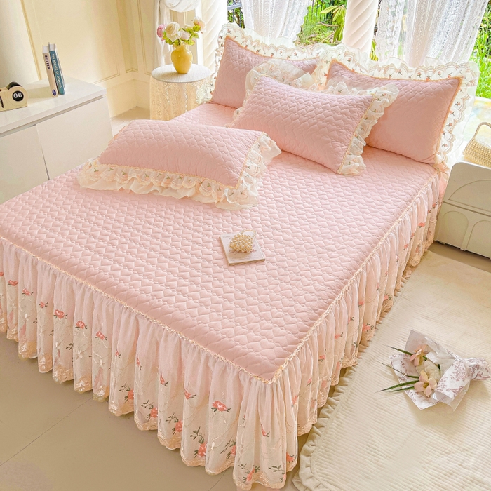 91家纺网 家纺一手货源 找家纺 罗艺轩 2025新款全棉蕾丝刺绣单床裙-小香玫瑰 小香玫瑰-粉色