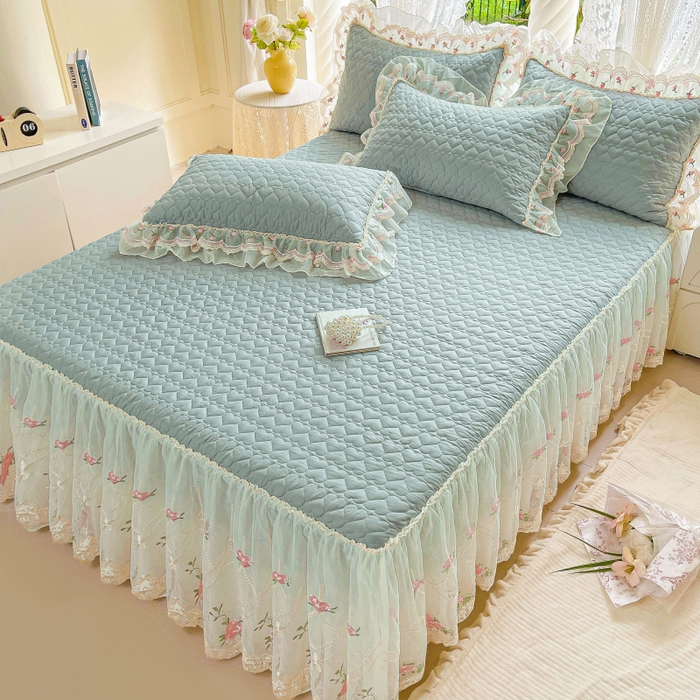 91家纺网 家纺一手货源 找家纺 罗艺轩 2025新款全棉蕾丝刺绣床裙四件套-小香玫瑰 小香玫瑰-豆绿