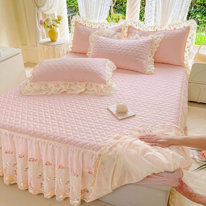 91家纺网 家纺一手货源 找家纺 罗艺轩 2025新款全棉蕾丝刺绣单床裙-小香玫瑰 小香玫瑰-粉色