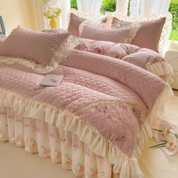 91家纺网 家纺一手货源 找家纺 罗艺轩 2025新款全棉蕾丝刺绣床裙四件套-小香玫瑰 小香玫瑰-豆沙