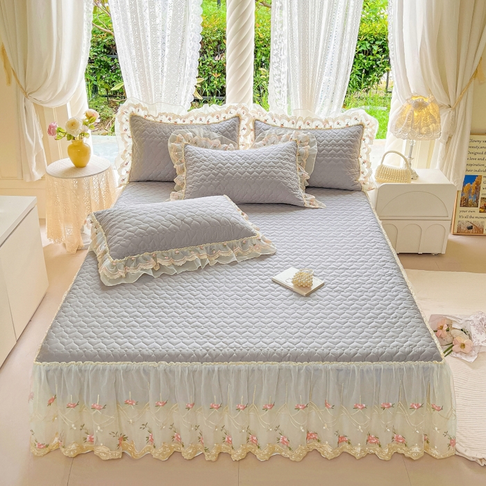 91家纺网 家纺一手货源 找家纺 罗艺轩 2025新款全棉蕾丝刺绣单床裙-小香玫瑰 小香玫瑰-灰色