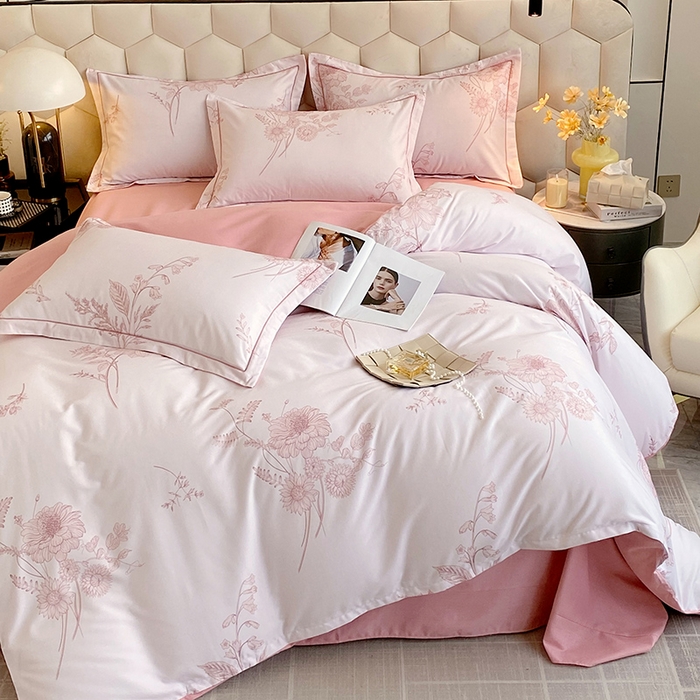 91家纺网 家纺一手货源 找家纺 梧桐树 2025新款轻奢新疆棉加厚磨毛四件套 镜花水月粉