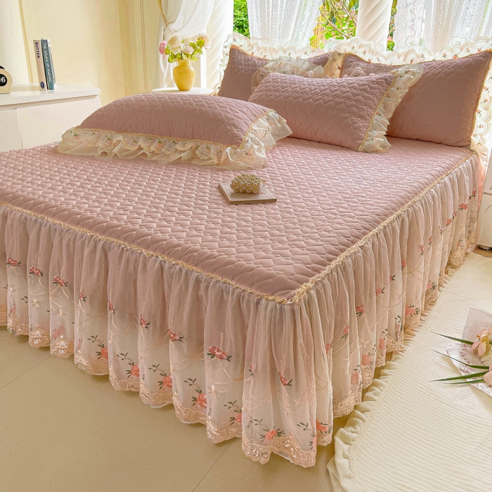 91家纺网 家纺一手货源 找家纺 罗艺轩 2025新款全棉蕾丝刺绣床裙四件套-小香玫瑰 小香玫瑰-豆沙