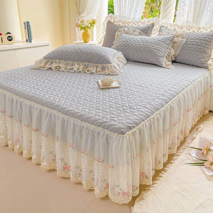 91家纺网 家纺一手货源 找家纺 罗艺轩 2025新款全棉蕾丝刺绣单床裙-小香玫瑰 小香玫瑰-灰色