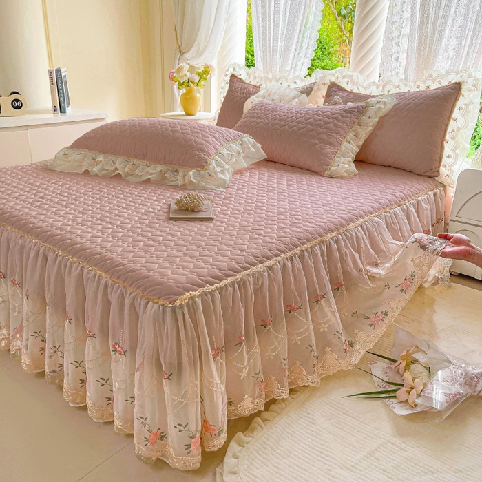 91家纺网 家纺一手货源 找家纺 罗艺轩 2025新款全棉蕾丝刺绣床裙四件套-小香玫瑰 小香玫瑰-豆沙