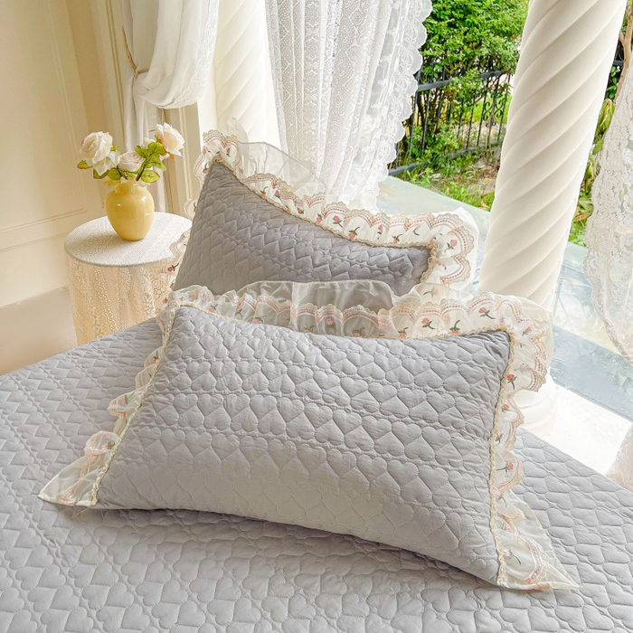 91家纺网 家纺一手货源 找家纺 罗艺轩 2025新款全棉蕾丝刺绣单床裙-小香玫瑰 小香玫瑰-灰色