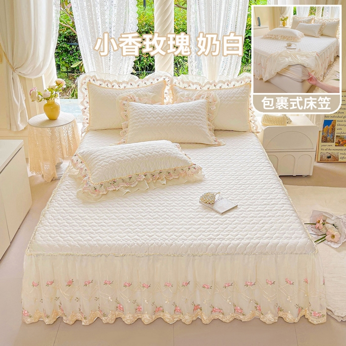 罗艺轩 2025新款全棉蕾丝刺绣单床裙-小香玫瑰 小香玫瑰-奶白